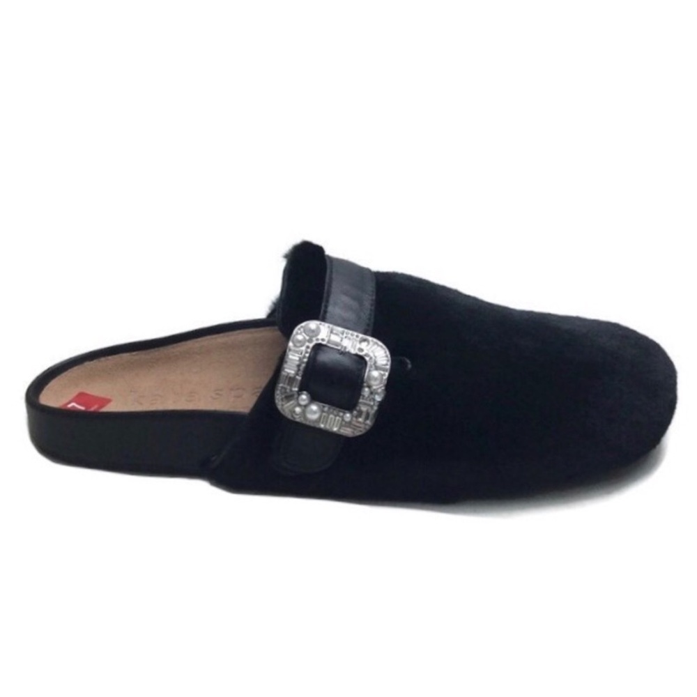 New Kate Spade Cici Faux Fur Jewel Embellished Buckle Slip-On Black Mules Size 7